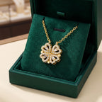 Golden Clover Necklace with Zircon Heart Pendant
